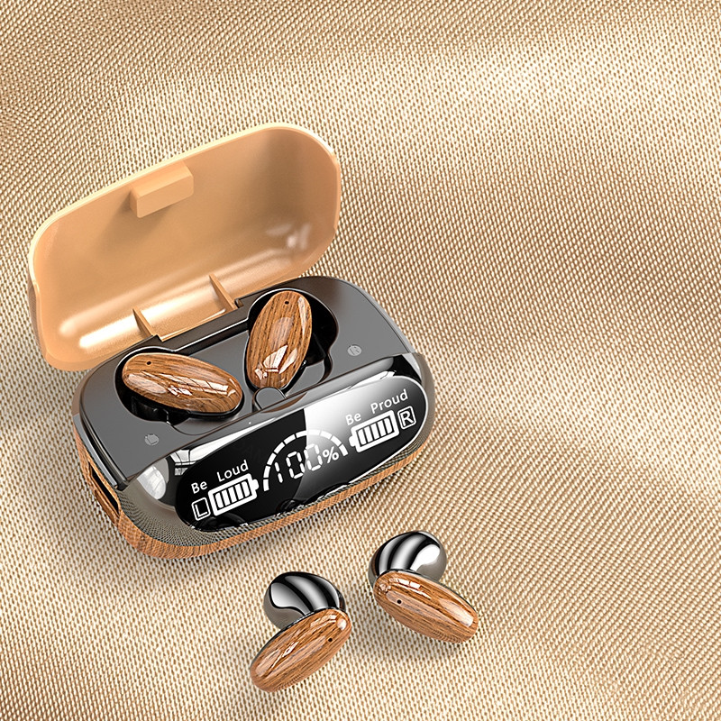 Bluetooth Earbuds Tws Ασύρματο ακουστικό Handsfree Ear Buds με ξύλινη υφή Κουτί φόρτισης LED Ψηφιακή οθόνη για κινητό τηλέφωνο