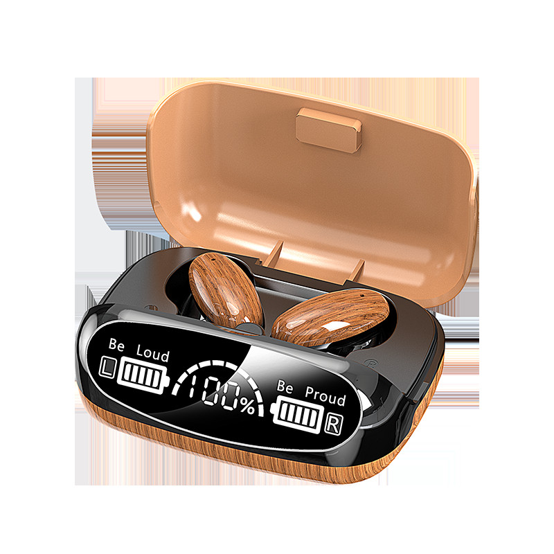 Bluetooth Earbuds Tws Ασύρματο ακουστικό Handsfree Ear Buds με ξύλινη υφή Κουτί φόρτισης LED Ψηφιακή οθόνη για κινητό τηλέφωνο