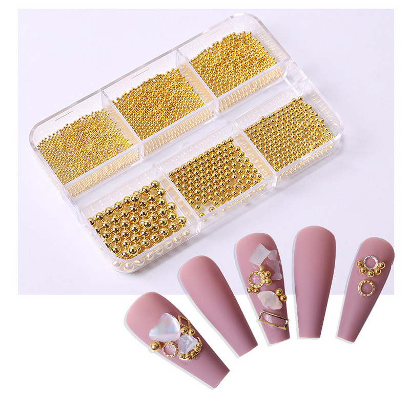 1 kutija Svijetle zlatne perle Nail Art Charm 3D 0,8-3 mm Mješavina veličina Više boja Metalne legure Kavijari Perle Kugla DIY pribor za dragulje za nokte
