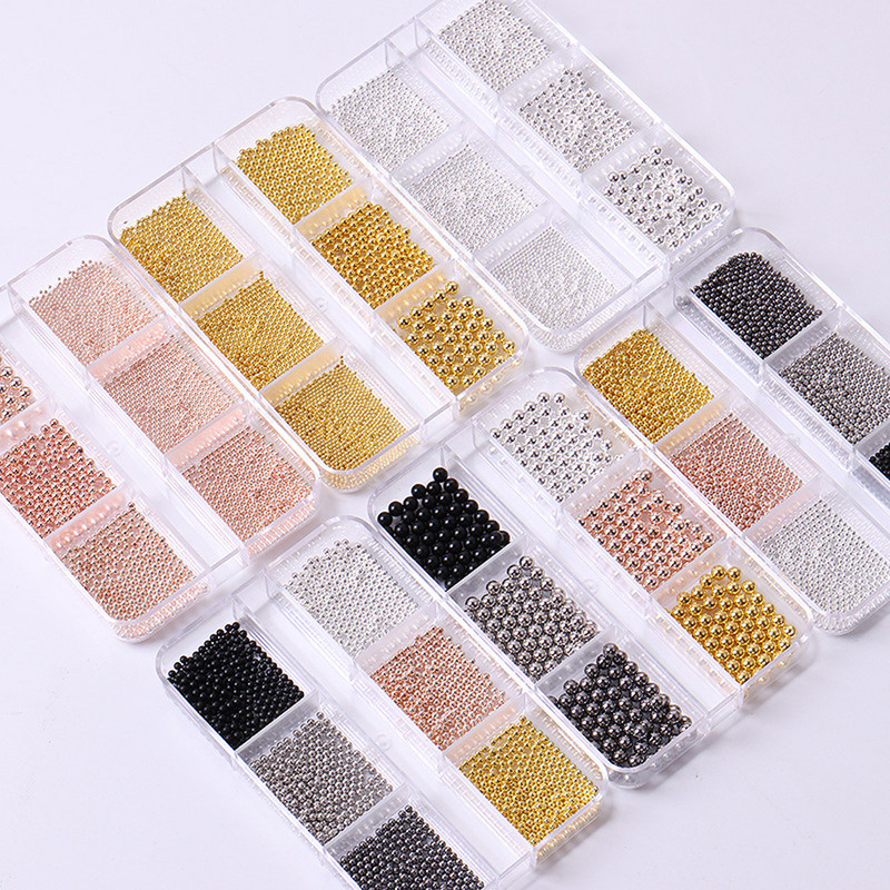 1 kutija Svijetle zlatne perle Nail Art Charm 3D 0,8-3 mm Mješavina veličina Više boja Metalne legure Kavijari Perle Kugla DIY pribor za dragulje za nokte