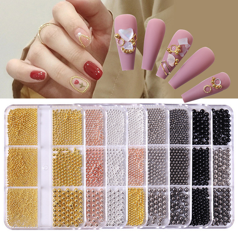 1 kutija Svijetle zlatne perle Nail Art Charm 3D 0,8-3 mm Mješavina veličina Više boja Metalne legure Kavijari Perle Kugla DIY pribor za dragulje za nokte