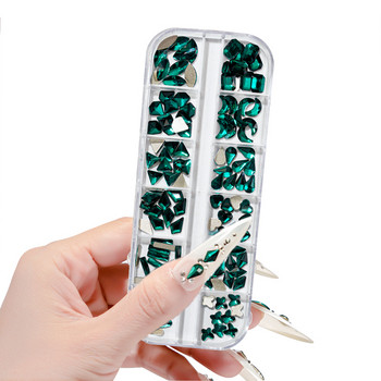 10PcsX12Girds=120Pc/кутия Талисмани за нокти със скъпоценни камъни Flatback Mix Shaped Charms за ноктопластика Зелен/бял/AB маникюр Направи си сам скъпоценни камъни Талисмани 12Desig