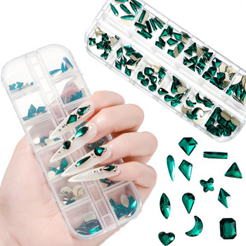 10PcsX12Girds=120Pc/кутия Талисмани за нокти със скъпоценни камъни Flatback Mix Shaped Charms за ноктопластика Зелен/бял/AB маникюр Направи си сам скъпоценни камъни Талисмани 12Desig