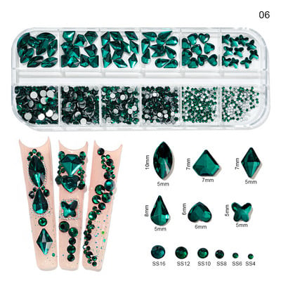 10DbX12Girds=120db/doboz köröm strassz lapos hátú kevert formájú varratok körömdíszítéshez zöld/fehér/AB manikűr barkács drágakövek 12design