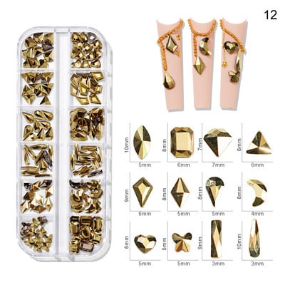 10DbX12Girds=120db/doboz köröm strassz lapos hátú kevert formájú varratok körömdíszítéshez zöld/fehér/AB manikűr barkács drágakövek 12design
