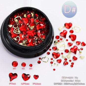 1 кутия Смесени размери Червено шампанско Ден на влюбените Сърце Кръгла диамантена рамка Шипове Метални ноктопластики Декорации с кристали Маникюр Талисмани