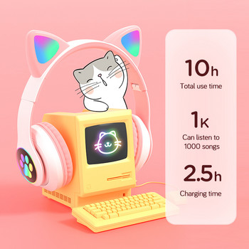 Ακουστικά με LED που αναβοσβήνουν Cute Cat Ears Ασύρματο ακουστικό Bluetooth με μικρόφωνο TF FM Παιδικό κορίτσι Στερεοφωνικό Μουσική Ακουστικό Kitten Earphon Δώρο