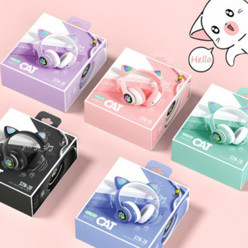 Ακουστικά με LED που αναβοσβήνουν Cute Cat Ears Ασύρματο ακουστικό Bluetooth με μικρόφωνο TF FM Παιδικό κορίτσι Στερεοφωνικό Μουσική Ακουστικό Kitten Earphon Δώρο