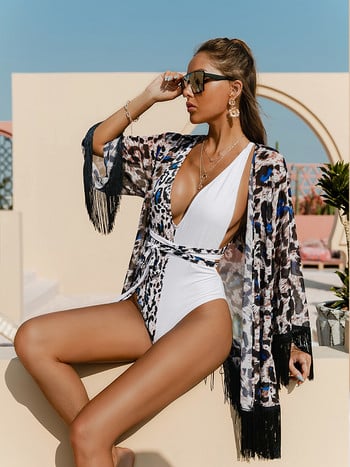 Bikinx Leopard κάλυψη παραλίας γυναικείο μαγιό Tassel φόρεμα παραλίας για γυναίκες Kaftan sarong κάλυψη με κιμονό ρούχα παραλίας 2022