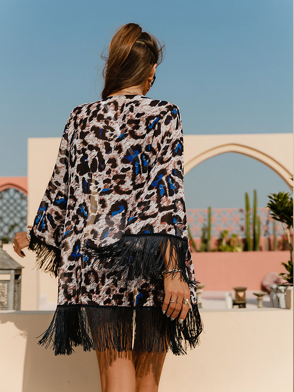 Bikinx Leopard kupaći kostim za plažu, ženska haljina za plažu s resicama, tunika za žene, kaftan sarong, kimono za plažu, odjeća za plažu 2022.