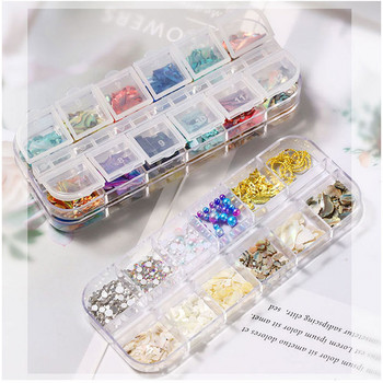 12 решетки Смесени цветове Естествени кристали за нокти 3D градиентни резени от счупена черупка Декорации за изкуство за нокти Блестящи люспи за нокти