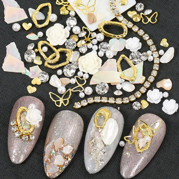 1 буркан микс от различни сплави, бижута от кристали, златно кюлче, лъскави камъни, 3D розово цвете, перлен чар, маникюр, декорации за нокти