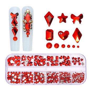 Дизайн на ноктите Кристални стъклени скъпоценни камъни Червени сини кръгли мъниста Плоски кристали Смесени размери Талисмани за нокти за Направи си сам декорация на нокти