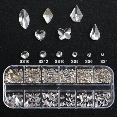 12 grile Pietre de unghii cu strasuri albe Diamante cu spate plat Bijuterii Decoratiuni pentru arta unghiilor Pietra de cristal Brelocuri pentru unghii 3D CHP07