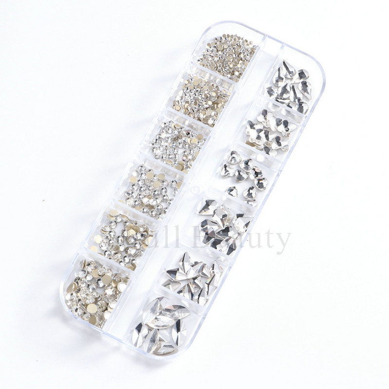 12 grile Pietre de unghii cu strasuri albe Diamante cu spate plat Bijuterii Decoratiuni pentru arta unghiilor Pietra de cristal Brelocuri pentru unghii 3D CHP07