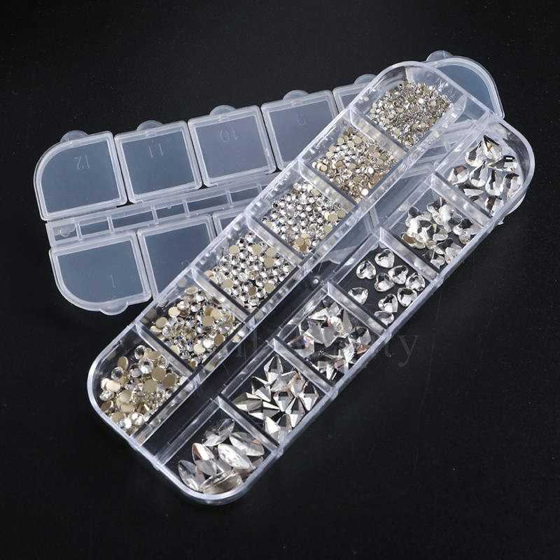 12 grile Pietre de unghii cu strasuri albe Diamante cu spate plat Bijuterii Decoratiuni pentru arta unghiilor Pietra de cristal Brelocuri pentru unghii 3D CHP07