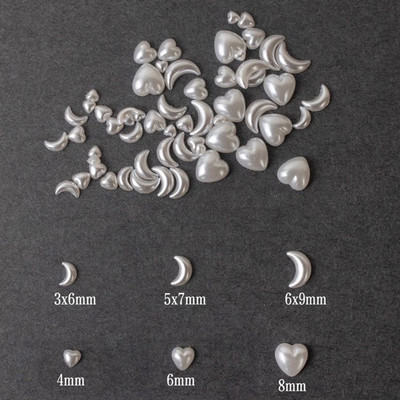Resin Heart Moon körömdíszítés lapos hátú gyöngyházfényű fehér vegyes méretű 3D manikűr kiegészítők 100/200db