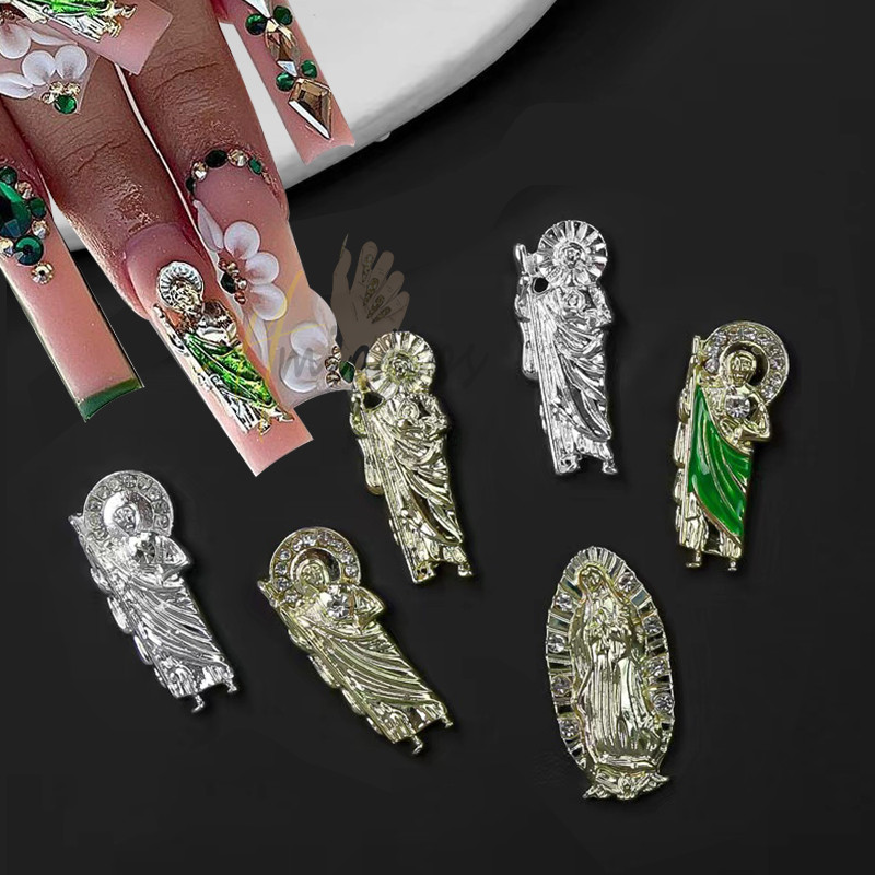10pc 3D privjesci za nokte San Judas Luksuzni metalni privjesci za nokte Art Charm pozlaćeni kamenčići kristalni DIY pribor za manikuru