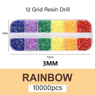 10000 komada 2/3 mm miješanih boja AB Pixie Stone Resin Dio za nokte Ukrasni kamenčići Kutija s 12 pojaseva Okrugla ravna stražnja žele Ukrasni kamenčići u masi za nokte