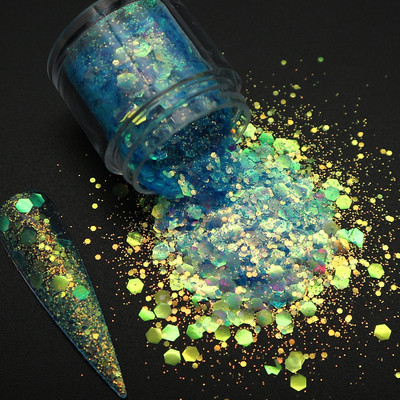 1 dėžutė Holografiniai nagų blizgučiai Blizgantys stambūs chameleonas šešiakampiai dribsniai Paillette lakavimo manikiūras nagų dailės dekoracijos