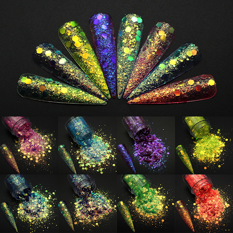 1 dėžutė Holografiniai nagų blizgučiai Blizgantys stambūs chameleonas šešiakampiai dribsniai Paillette lakavimo manikiūras nagų dailės dekoracijos