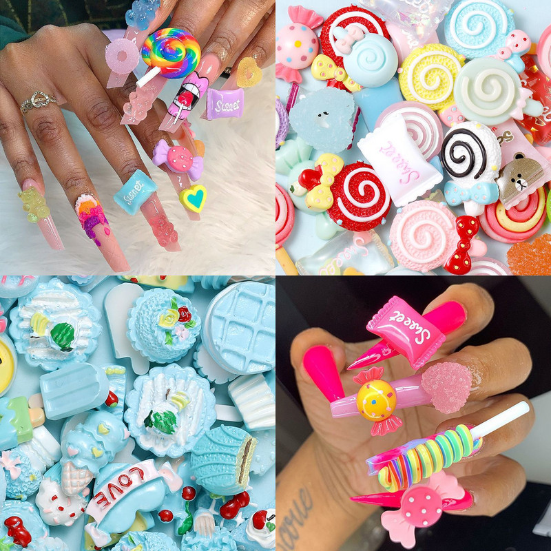 10 vnt. / partijoje Kawaii Resin Nail Art Charms Happy Flower Jelly Gummy Mix Sweet Candy 3D Nagų dekoravimas DIY Prabangūs Nagų Priedai