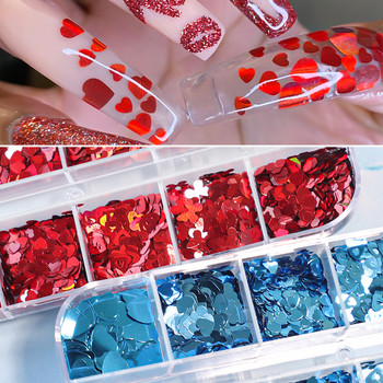 12 Grids Love Nail Art Glitter Heart Flakes Valentine\'s Day Decor 3D Mixed Shape Paillette Manicure Направи си сам професионални аксесоари
