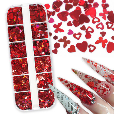 12 Grids Love Nail Art Glitter Sirds pārslas Valentīna dienas dekors 3D jauktas formas Paillette manikīrs DIY profesionāli aksesuāri