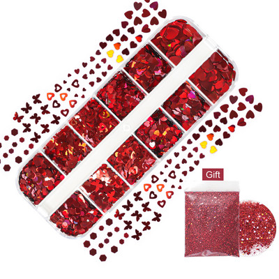 12 rács Szerelem Nail Art Csillogó Szív Pehely Valentin-napi Dekoráció 3D Vegyes Forma Paillette Manikűr Barkácsolás Professzionális Kiegészítők