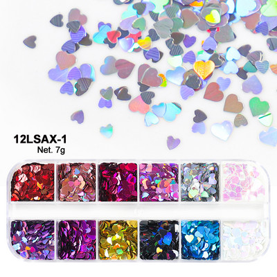 12 rács Szerelem Nail Art Csillogó Szív Pehely Valentin-napi Dekoráció 3D Vegyes Forma Paillette Manikűr Barkácsolás Professzionális Kiegészítők