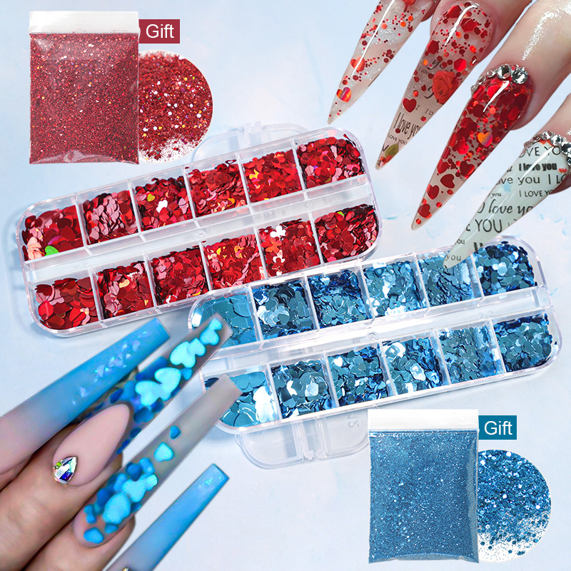12 rács Szerelem Nail Art Csillogó Szív Pehely Valentin-napi Dekoráció 3D Vegyes Forma Paillette Manikűr Barkácsolás Professzionális Kiegészítők