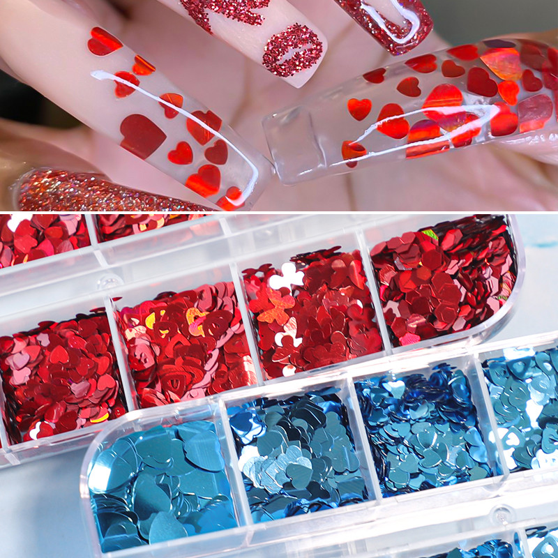 12 rács Szerelem Nail Art Csillogó Szív Pehely Valentin-napi Dekoráció 3D Vegyes Forma Paillette Manikűr Barkácsolás Professzionális Kiegészítők