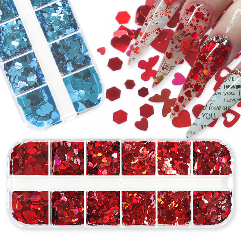 12 rács Szerelem Nail Art Csillogó Szív Pehely Valentin-napi Dekoráció 3D Vegyes Forma Paillette Manikűr Barkácsolás Professzionális Kiegészítők