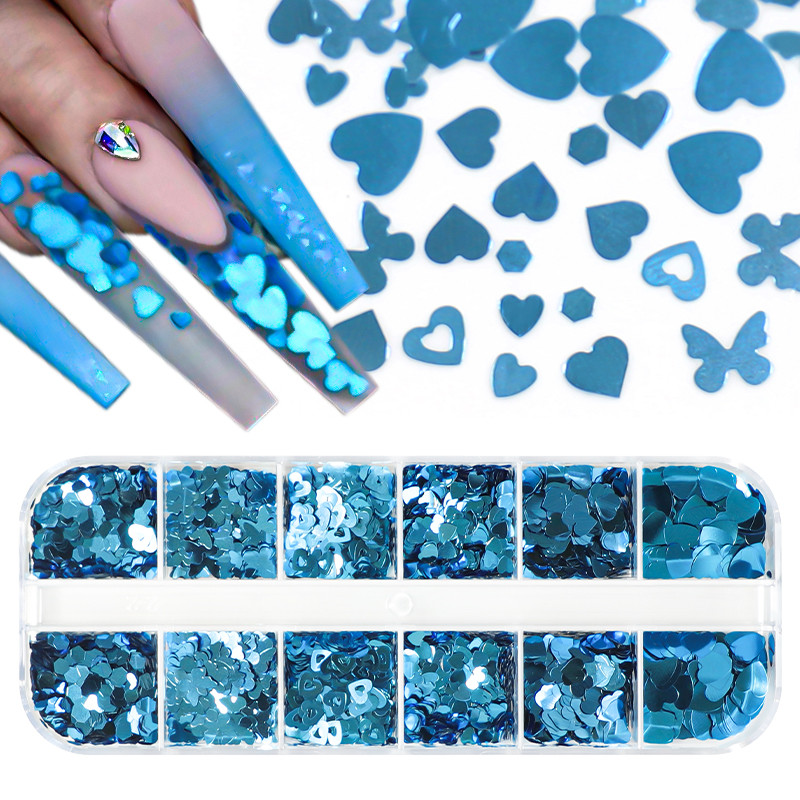 12 rács Szerelem Nail Art Csillogó Szív Pehely Valentin-napi Dekoráció 3D Vegyes Forma Paillette Manikűr Barkácsolás Professzionális Kiegészítők
