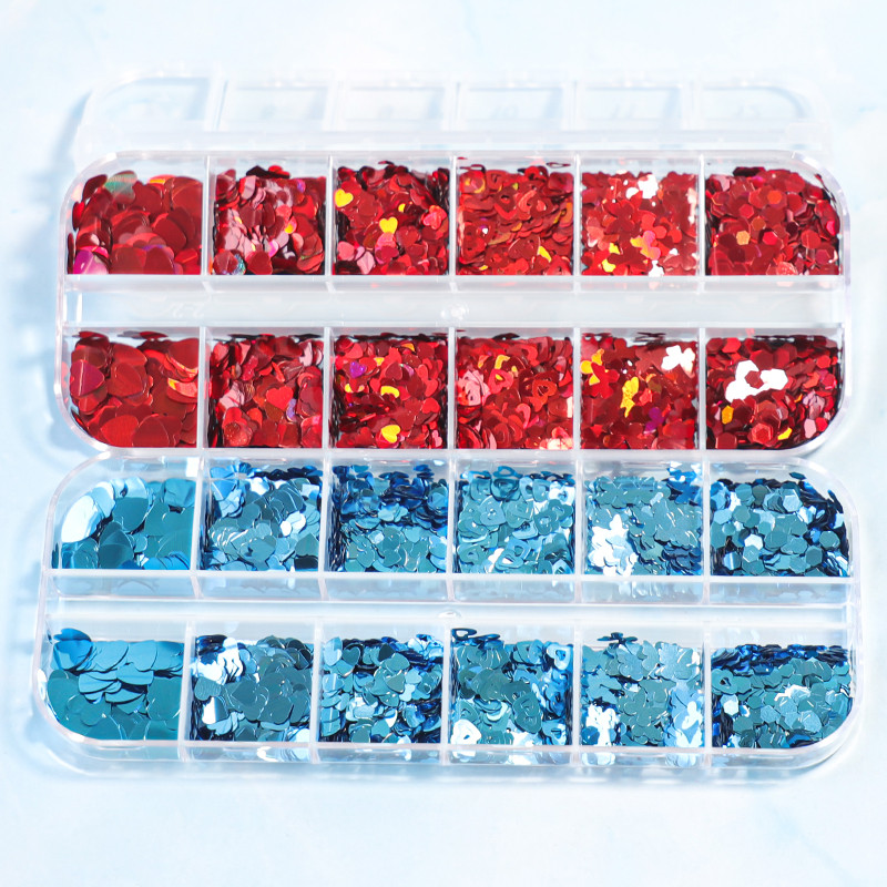 12 rács Szerelem Nail Art Csillogó Szív Pehely Valentin-napi Dekoráció 3D Vegyes Forma Paillette Manikűr Barkácsolás Professzionális Kiegészítők