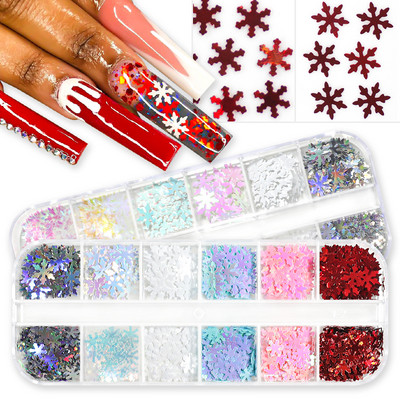 12 Grids AB Mermaid Snow Nail Art Sequins Zaigojošs Baltas Pārslas Kļava Sniega tauriņš Sirds Pailliette Glitter Nagu dizains