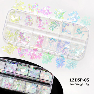 12 Grids AB Mermaid Snow Nail Art flitterek Irizáló Fehér Pelyhek Juhar hó Pillangó Szív Pailliette Csillogó Köröm Design