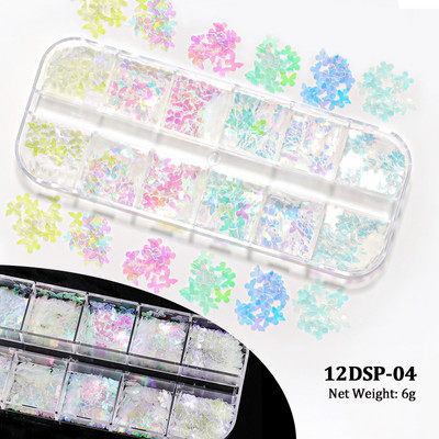 12 Grids AB Mermaid Snow Nail Art flitterek Irizáló Fehér Pelyhek Juhar hó Pillangó Szív Pailliette Csillogó Köröm Design