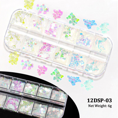 12 Grids AB Mermaid Snow Nail Art flitterek Irizáló Fehér Pelyhek Juhar hó Pillangó Szív Pailliette Csillogó Köröm Design