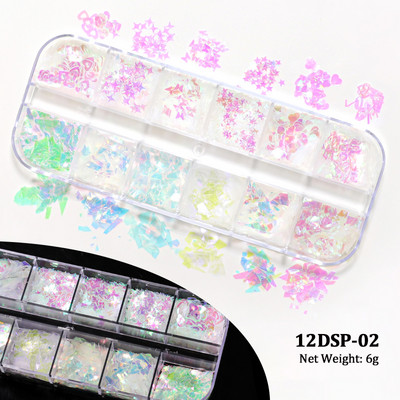 12 Grids AB Mermaid Snow Nail Art flitterek Irizáló Fehér Pelyhek Juhar hó Pillangó Szív Pailliette Csillogó Köröm Design