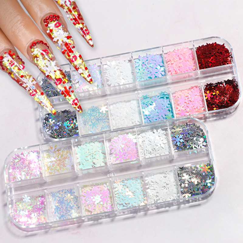 12 Grids AB Mermaid Snow Nail Art flitterek Irizáló Fehér Pelyhek Juhar hó Pillangó Szív Pailliette Csillogó Köröm Design