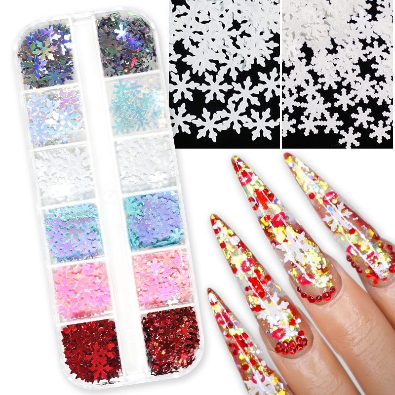 12 Grids AB Mermaid Snow Nail Art flitterek Irizáló Fehér Pelyhek Juhar hó Pillangó Szív Pailliette Csillogó Köröm Design