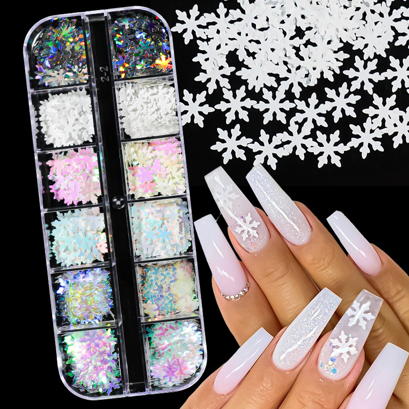 12 Grids AB Mermaid Snow Nail Art flitterek Irizáló Fehér Pelyhek Juhar hó Pillangó Szív Pailliette Csillogó Köröm Design