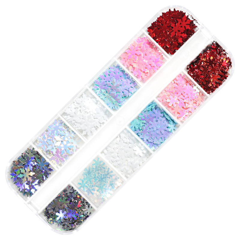 12 Grids AB Mermaid Snow Nail Art flitterek Irizáló Fehér Pelyhek Juhar hó Pillangó Szív Pailliette Csillogó Köröm Design