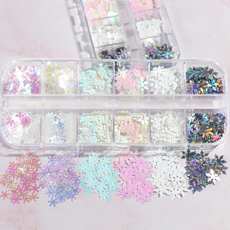 12 Grids AB Mermaid Snow Nail Art flitterek Irizáló Fehér Pelyhek Juhar hó Pillangó Szív Pailliette Csillogó Köröm Design