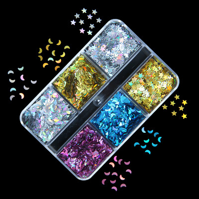 6 mreža New Star Nail Art Svjetlucave šljokice Boja lasera Zvjezdano nebo Mjesečeve pahuljice Pribor za nokte za manikuru Profesionalni dodaci