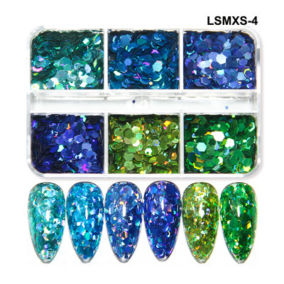 6 mreža New Star Nail Art Svjetlucave šljokice Boja lasera Zvjezdano nebo Mjesečeve pahuljice Pribor za nokte za manikuru Profesionalni dodaci