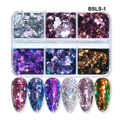 6 mreža New Star Nail Art Svjetlucave šljokice Boja lasera Zvjezdano nebo Mjesečeve pahuljice Pribor za nokte za manikuru Profesionalni dodaci