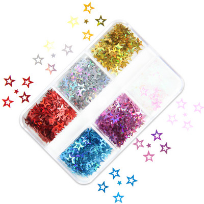 6 mreža New Star Nail Art Svjetlucave šljokice Boja lasera Zvjezdano nebo Mjesečeve pahuljice Pribor za nokte za manikuru Profesionalni dodaci