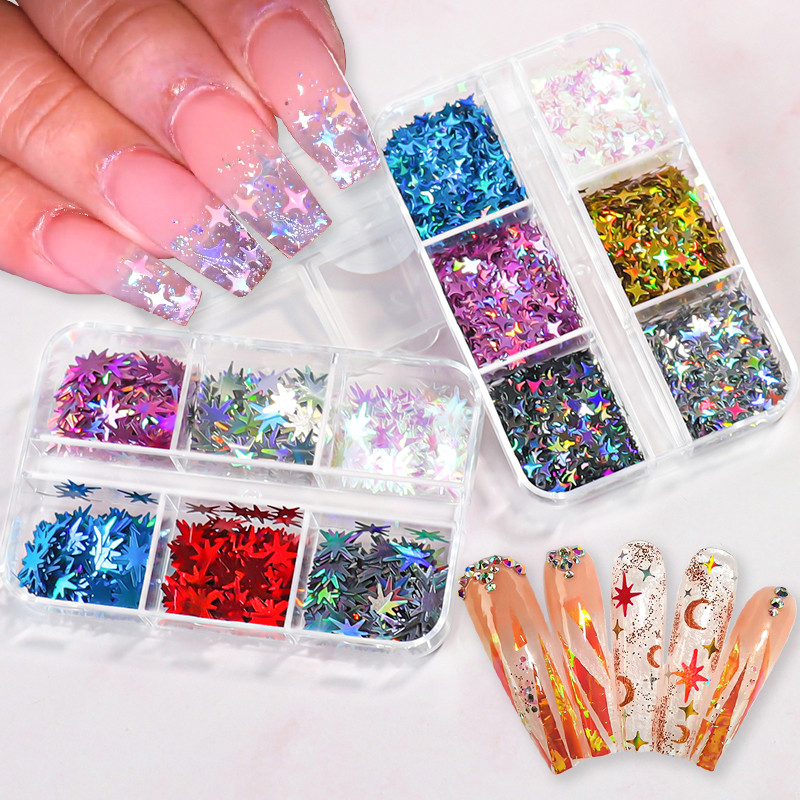 6 mreža New Star Nail Art Svjetlucave šljokice Boja lasera Zvjezdano nebo Mjesečeve pahuljice Pribor za nokte za manikuru Profesionalni dodaci